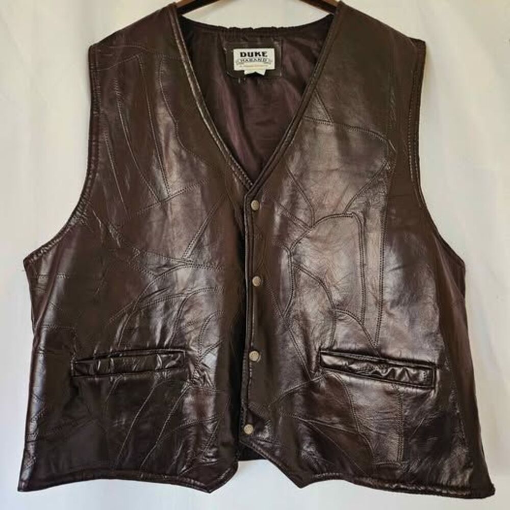 Men’s XL Genuine Leather Patchwork Vest Brown Western Cowboy Biker